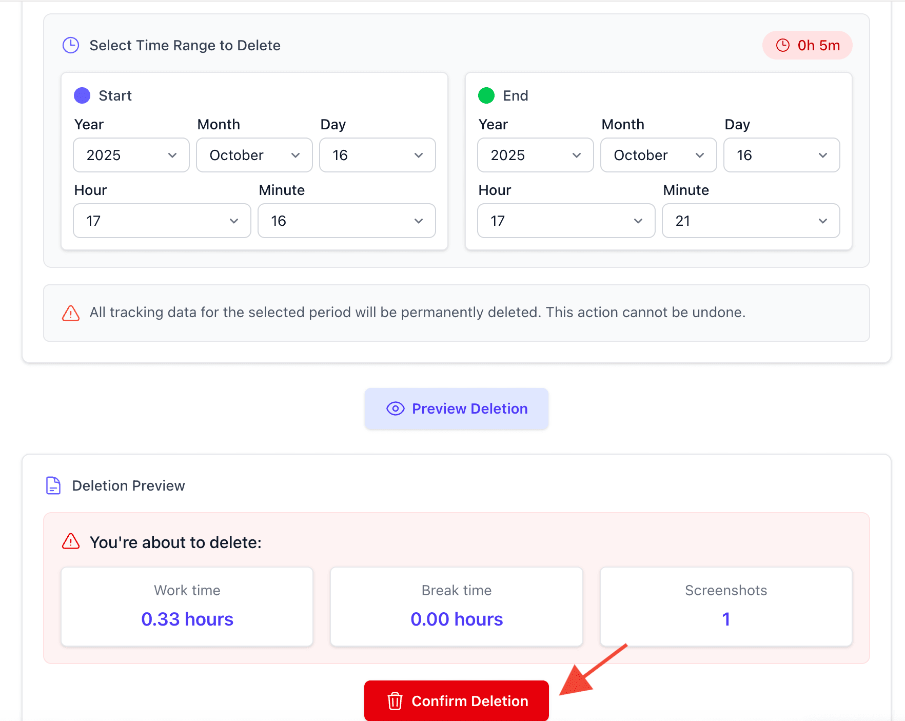 Remove Time dialog with start/end time selectors and Preview Deletion button