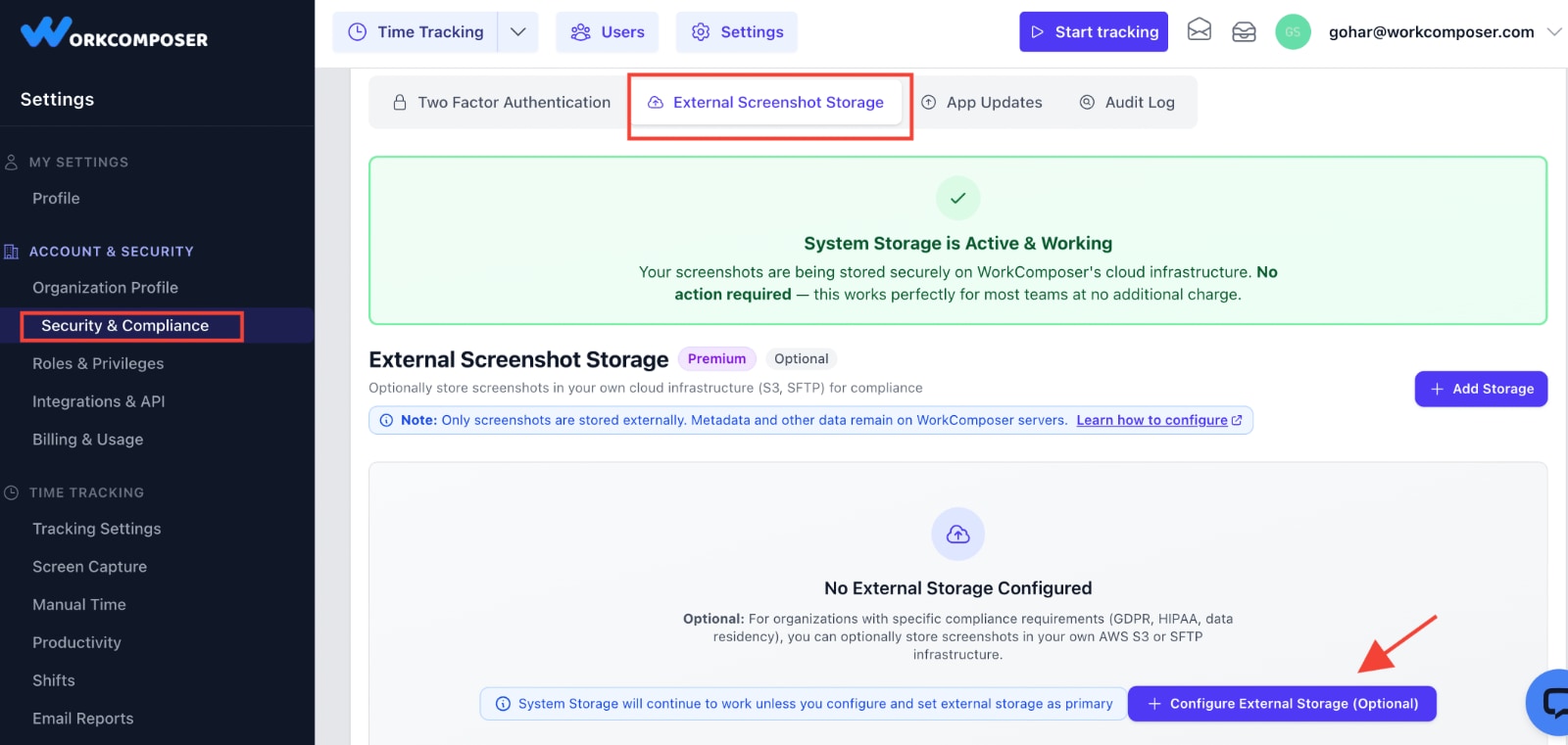 WorkComposer settings page showing External Screenshot Storage configuration location