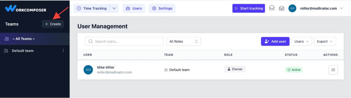 WorkComposer interface showing team creation and organization