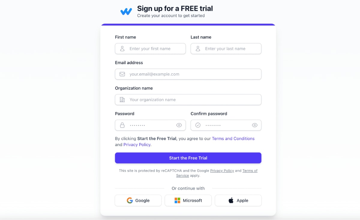 WorkComposer registration form showing email and social login options
