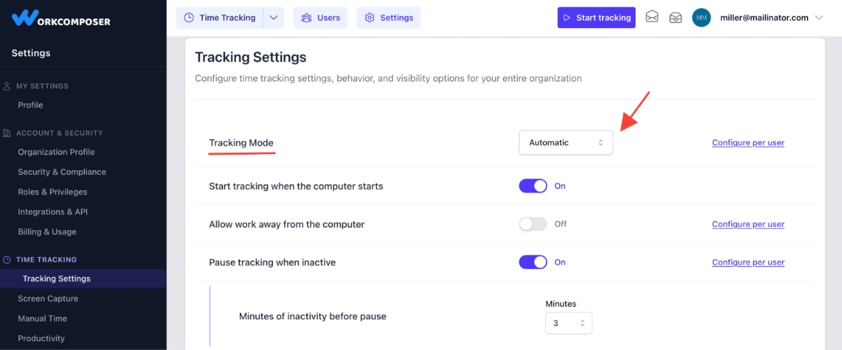 WorkComposer Settings page showing tracking mode options