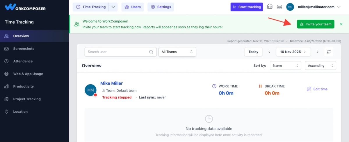 WorkComposer dashboard highlighting the Users section