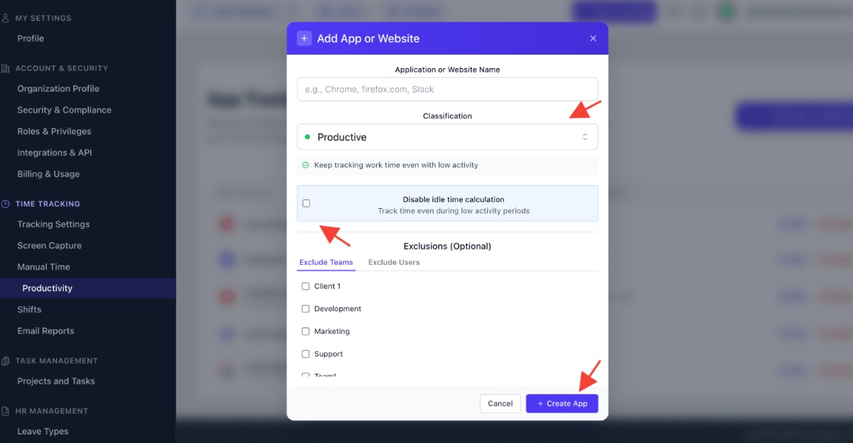 WorkComposer productive apps settings showing disable idle time option