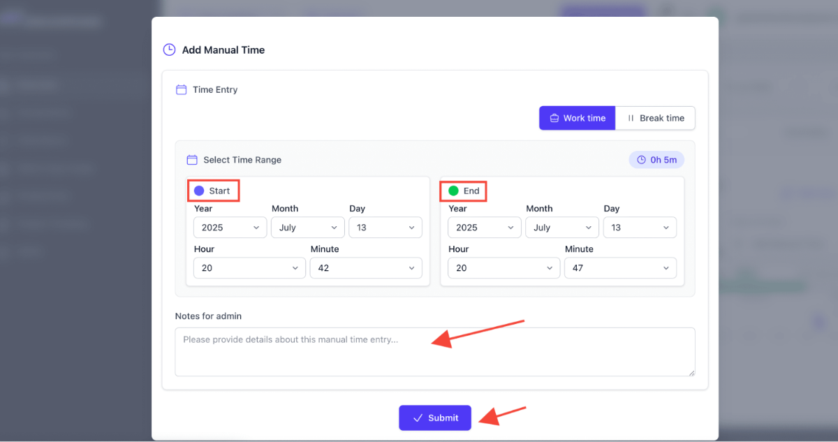 WorkComposer manual time request form dialog with start/end times and Submit button