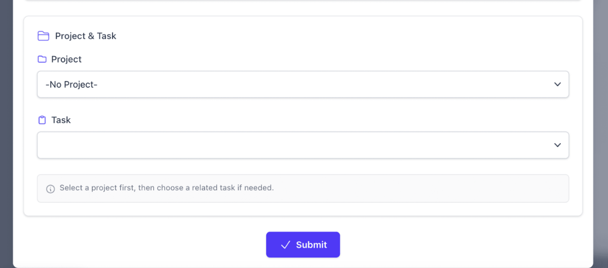 Manual time form showing Project and Task dropdown selectors