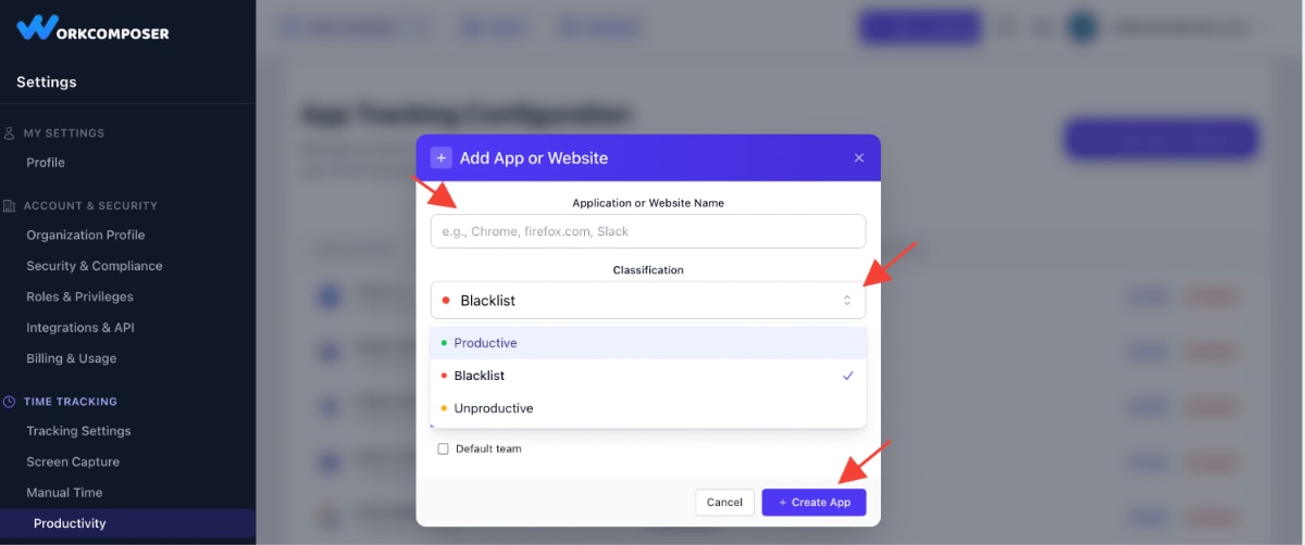 Form for adding and categorizing apps and websites in WorkComposer