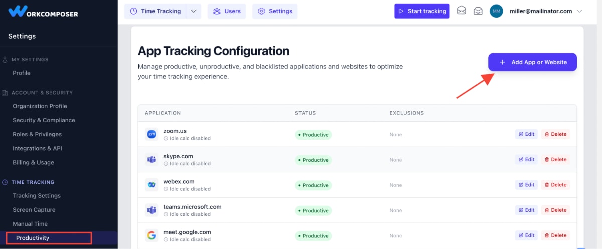 WorkComposer Productivity Settings showing Add App or Website button