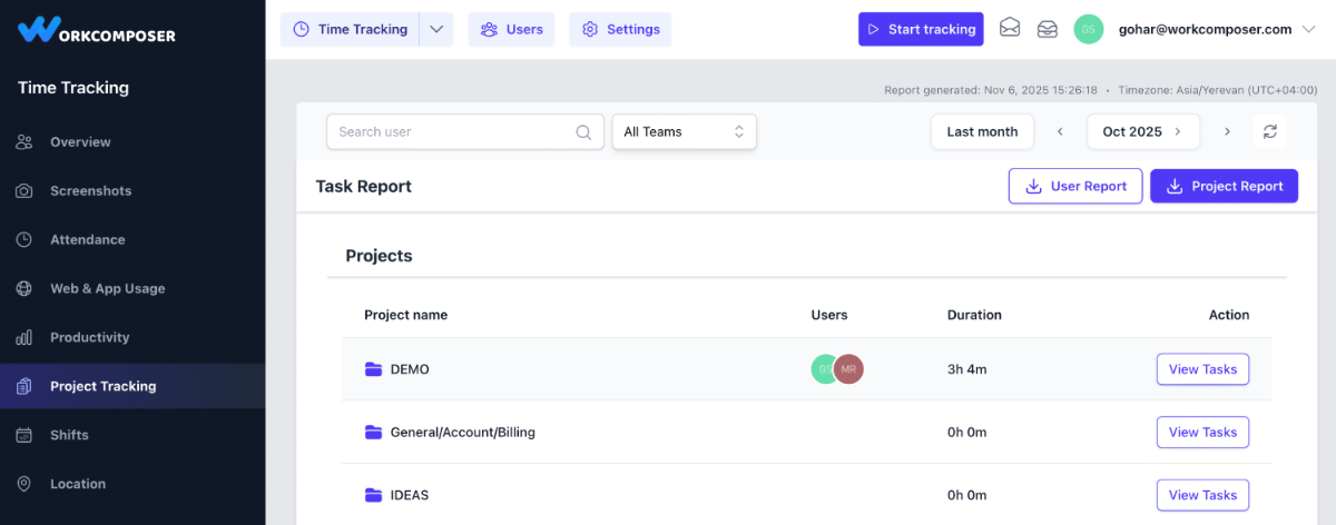 Project Tracking Report displaying time allocation across projects and tasks