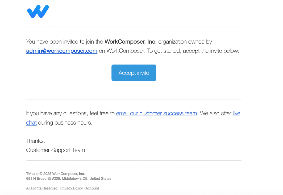 WorkComposer invitation email with Accept Invite button