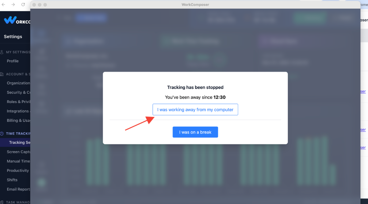 WorkComposer popup asking if user was working away from computer