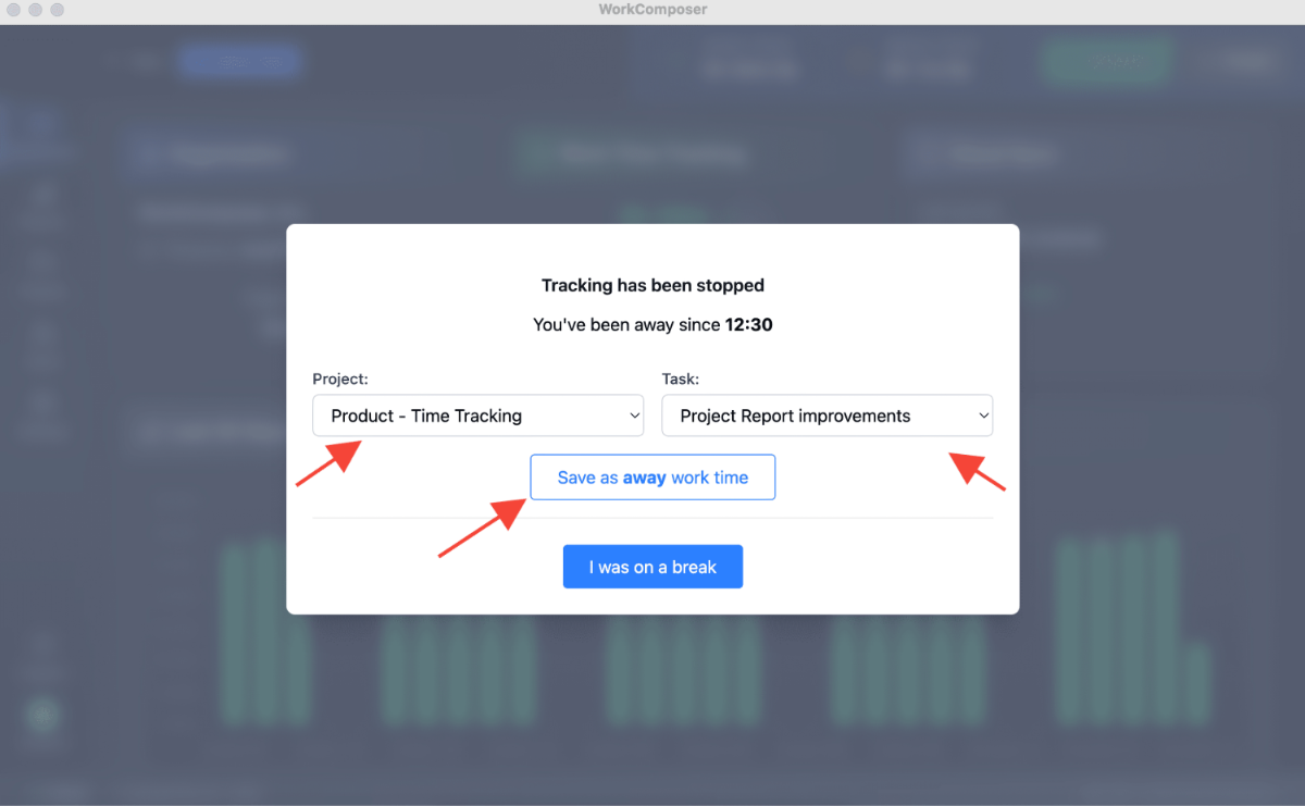 WorkComposer interface showing project and task selection dropdown menus with optional note field